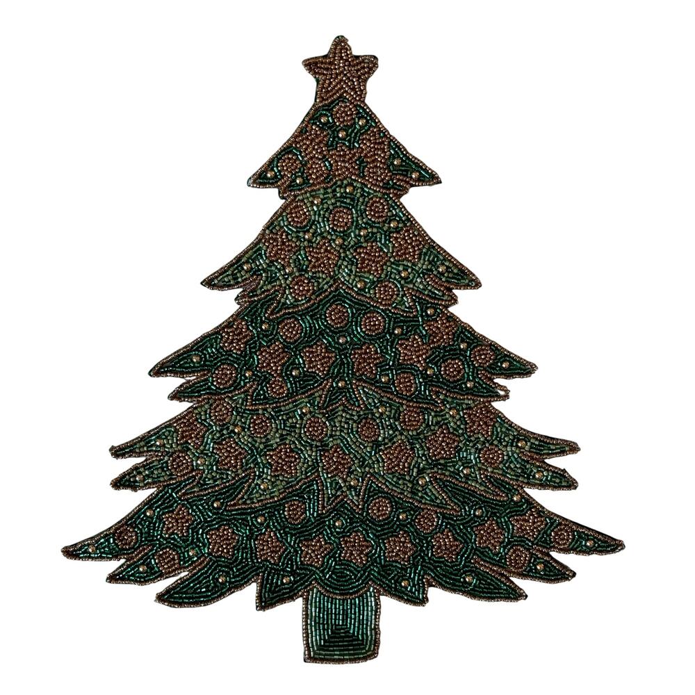 Nicole Miller Beaded Christmas Tree Placemat 14x16 Green Gold Holiday Glam NEW